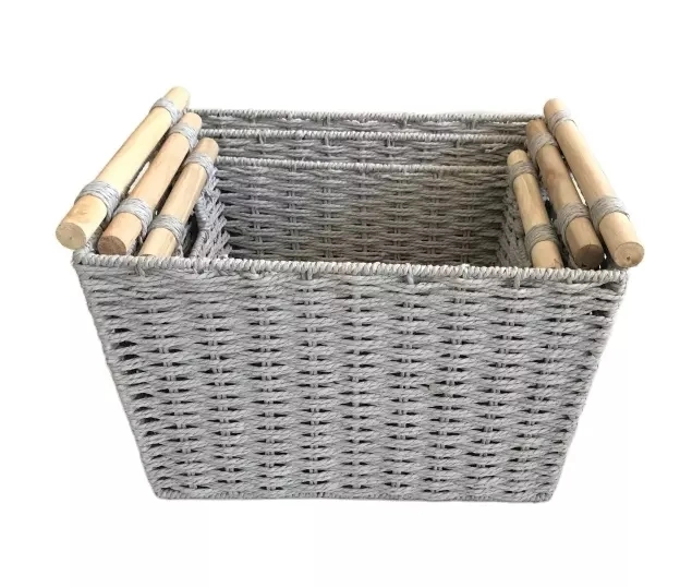 Household Essentials Paper Rope Bin with Wood Handle Storage Basket for Home