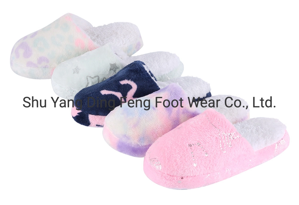 Autumn and Winter Household Children&prime;s Flannel Color Gilding Printing Slippers Mute Wooden Floor Anti Slip Soft Sole