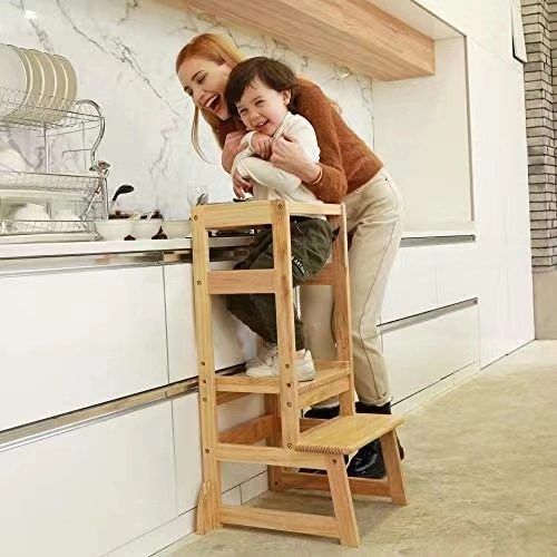 Customized Kitchen Helper Safety Rail Montessori Learning Tower Adjustable Height Wooden Step Stool for Children