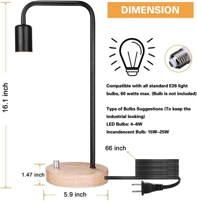 Jlt-7810 Simple Design Arc Wood Base Table Desk Light with Rotary Dimming Switch for Bedside Nightstand Lamp