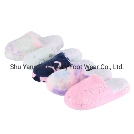Autumn and Winter Household Children′s Flannel Color Gilding Printing Slippers Mute Wooden Floor Anti Slip Soft Sole